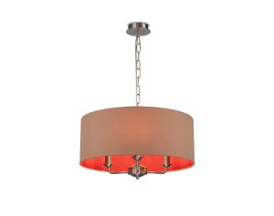 Banyan 3 Light Multi Arm Pendant, With 1.5m Chain, E14 Satin Nickel With 50cm x 22cm Dual Faux Silk Shade, Antique Gold/Ruby