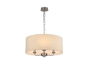 Banyan 3 Light Multi Arm Pendant, With 1.5m Chain, E14 Satin Nickel With 50cm x 22cm Faux Silk Shade, Ivory Pearl/White Laminate