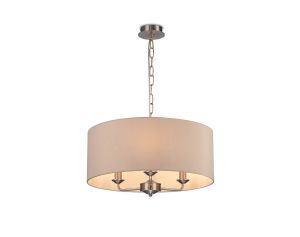 Banyan 3 Light Multi Arm Pendant, With 1.5m Chain, E14 Satin Nickel With 50cm x 22cm Dual Faux Silk Shade, Nude Beige/Moonlight