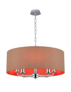 Banyan 5 Light Multi Arm Pendant, With 1.5m Chain, E14 Polished Chrome With 60cm x 22cm Dual Faux Silk Shade, Antique Gold/Ruby