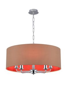 Banyan 5 Light Multi Arm Pendant, With 1.5m Chain, E14 Polished Chrome With 60cm x 22cm Dual Faux Silk Shade, Antique Gold/Ruby