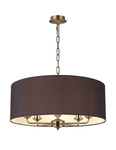 Banyan 5 Light Multi Arm Pendant, With 1.5m Chain, E14 Antique Brass With 60cm x 22cm Faux Silk Shade, Black/White Laminate