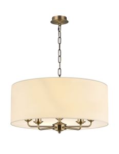 Banyan 5 Light Multi Arm Pendant, With 1.5m Chain, E14 Antique Brass With 60cm x 22cm Faux Silk Shade, Ivory Pearl/White Laminate