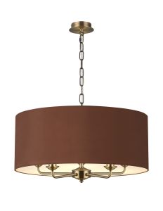 Banyan 5 Light Multi Arm Pendant, With 1.5m Chain, E14 Antique Brass With 60cm x 22cm Dual Faux Silk Shade, Raw Cocoa/Grecian Bronze