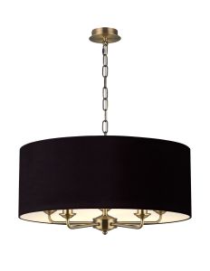 Banyan 5 Light Multi Arm Pendant, With 1.5m Chain, E14 Antique Brass With 60cm x 22cm Dual Faux Silk Shade, Black/Green Olive