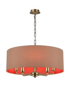 Banyan 5 Light Multi Arm Pendant, With 1.5m Chain, E14 Antique Brass With 60cm x 22cm Dual Faux Silk Shade, Antique Gold/Ruby