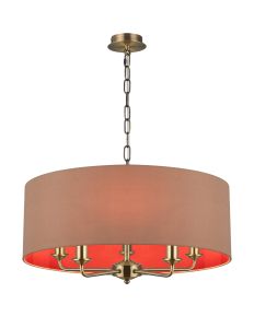 Banyan 5 Light Multi Arm Pendant, With 1.5m Chain, E14 Antique Brass With 60cm x 22cm Dual Faux Silk Shade, Antique Gold/Ruby