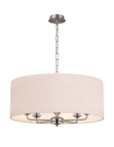 Banyan 5 Light Multi Arm Pendant, With 1.5m Chain, E14 Satin Nickel With 60cm x 22cm Dual Faux Silk Shade, Nude Beige/Moonlight