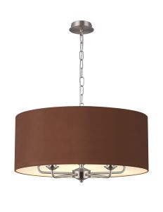 Banyan 5 Light Multi Arm Pendant, With 1.5m Chain, E14 Satin Nickel With 60cm x 22cm Dual Faux Silk Shade, Raw Cocoa/Grecian Bronze