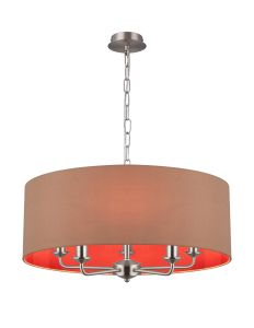 Banyan 5 Light Multi Arm Pendant, With 1.5m Chain, E14 Satin Nickel With 60cm x 22cm Dual Faux Silk Shade, Antique Gold/Ruby