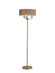 Banyan 3 Light Switched Floor Lamp With 45cm x 15cm Faux Silk Shade, Antique Brass/Grey