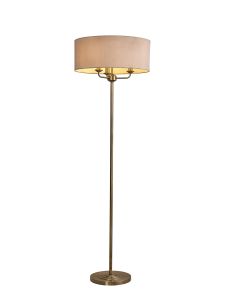 Banyan 3 Light Switched Floor Lamp With 50cm x 20cm Dual Faux Silk Shade, Nude Beige/Moonlight Antique Brass
