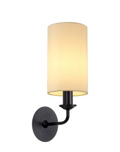 Banyan 1 Light Switched Wall Lamp With 12cm x 20cm Faux Silk Fabric Shade Matt Black/Ivory Pearl