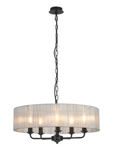 Banyan 5 Light Multi Arm Pendant With 60cm x 15cm Organza Shade Matt Black/Grey