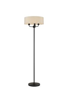 Banyan 3 Light Switched Floor Lamp With 45cm x 15cm Faux Silk Fabric Shade Matt Black/Ivory Pearl
