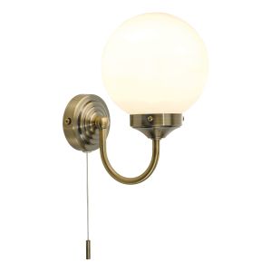 Barclay 1 Light E14 Bathroom IP44 Antique Brass Wall Light With Opal Glass