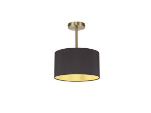 Baymont Antique Brass 1 Light E27 Semi Flush With 30cm x 17cm Dual Faux Silk Shade, Midnight Black/Green Olive