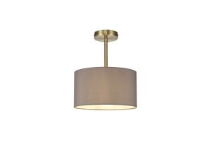 Baymont Antique Brass 1 Light E27 Semi Flush With 30cm x 17cm Faux Silk Shade, Grey/White Laminate