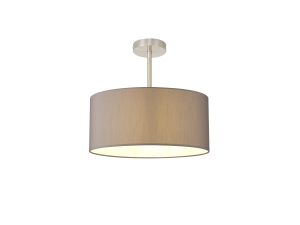 Baymont Satin Nickel 1 Light E27 Semi Flush With 40cm x 18cm Faux Silk Shade, Grey/White Laminate