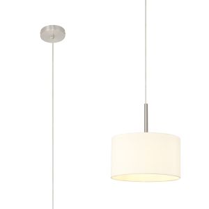 Baymont Satin Nickel 1 Light E27  Single Pendant With 30cm x 17cm Faux Silk Shade, Ivory Pearl/White Laminate