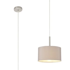 Baymont Satin Nickel 1 Light E27  Single Pendant With 30cm x 17cm Faux Silk Shade, Grey/White Laminate