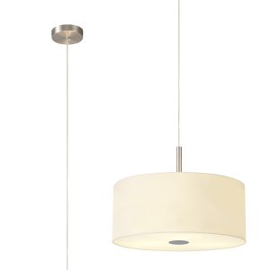 Baymont Satin Nickel  3 Light E27 Single Pendant With 40cm x 18cm Faux Silk Shade, Ivory Pearl/White Laminate & Frosted/PC Acrylic Diffuser