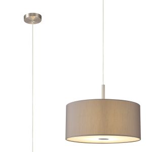 Baymont Satin Nickel  3 Light E27 Single Pendant With 40cm x 18cm Faux Silk Shade, Grey/White Laminate & Frosted/PC Acrylic Diffuser