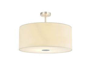 Baymont Satin Nickel 5 Light E27 Semi Flush Fixture With 60cm x 22cm Faux Silk Shade, Ivory Pearl/White Laminate & Frosted/PC Acrylic Diffuser