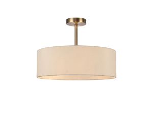 Baymont Antique Brass 3 Light E27 Semi Flush Fixture, With 45cm x 15cm Faux Silk Shade, Ivory Pearl/White Laminate