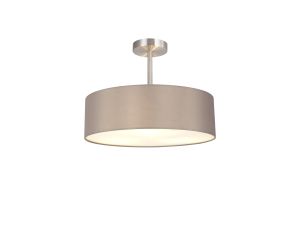 Baymont Satin Nickel 3 Light E27 Semi Flush Fixture, With 45cm x 15cm Faux Silk Shade, Grey