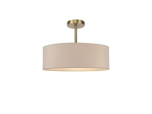 Baymont Antique Brass 5 Light E27 Semi Flush Fixture, With 45cm x 15cm Dual Faux Silk Shade, Nude Beige/Moonlight