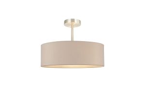 Baymont Satin Nickel 5 Light E27 Semi Flush Fixture, With 45cm x 15cm Dual Faux Silk Shade, Nude Beige/Moonlight