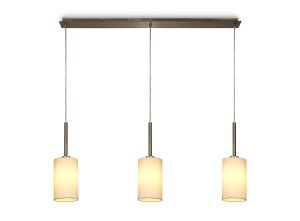 Baymont Antique Brass 3 Light E27  Linear Pendant, With 12cm x 20cm Faux Silk Shade, Ivory Pearl/White Laminate