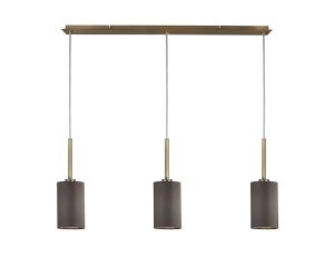 Baymont Antique Brass 3 Light E27 Linear Pendant, With 12cm x 20cm Faux Silk Shade, Grey