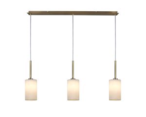 Baymont Antique Brass 3 Light E27 Linear Pendant, With 12cm x 20cm Faux Silk Shade, White