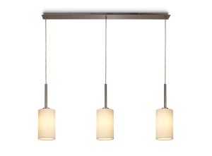 Baymont Satin Nickel 3 Light E27  Linear Pendant, With 12cm Faux Silk Shade, Ivory Pearl/White Laminate