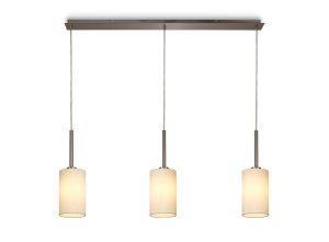 Baymont Satin Nickel 3 Light E27  Linear Pendant, With 12cm Faux Silk Shade, Ivory Pearl/White Laminate