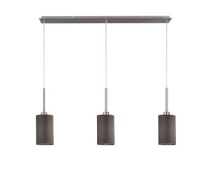 Baymont Satin Nickel 3 Light E27 Linear Pendant, With 12cm Faux Silk Shade, Grey