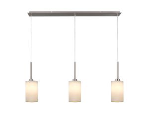 Baymont Satin Nickel 3 Light E27 Linear Pendant, With 12cm Faux Silk Shade, White