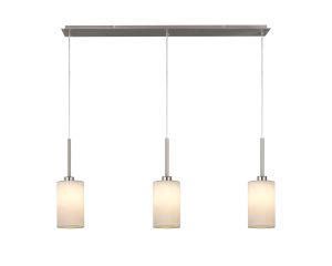Baymont Satin Nickel 3 Light E27  Linear Pendant, With 12cm Faux Silk Shade, White