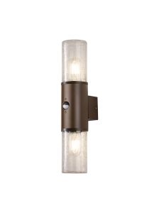 Pizzasy Wall Lamp With PIR Sensor 2 x E27, IP54, Matt Brown/Crackled Clear, 2yrs Warranty