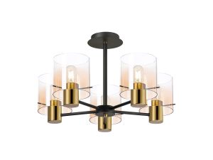 Brandroot 60cm Semi Flush Light, 5 x E27, Brass/Sand Black/Amber Fade Glass