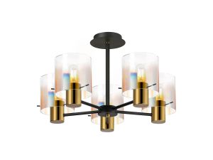 Brandroot 60cm Semi Flush Light, 5 x E27, Brass/Sand Black/Iridescent Fade Glass
