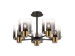 Brandroot 60cm Semi Flush Light, 5 x E27, Brass/Sand Black/Smoke Fade Glass
