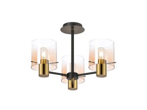 Brandroot 54cm Semi Flush Light, 3 x E27, Brass/Sand Black/Amber Fade Glass