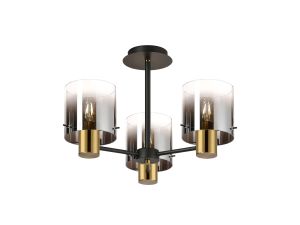 Brandroot 54cm Semi Flush Light, 3 x E27, Brass/Sand Black/Smoke Fade Glass