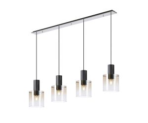 Brandroot Linear Pendant, 4 Light Adjustable E27, Black/Polished Chrome/Amber Fade Glass