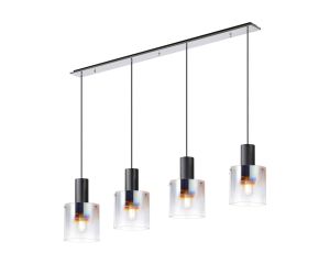 Brandroot Linear Pendant, 4 Light Adjustable E27, Black/Polished Chrome/Iridescent Fade Glass