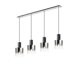 Brandroot Linear Pendant, 4 Light Adjustable E27, Black/Polished Chrome/Smoke Fade Glass