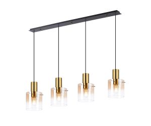 Brandroot Linear Pendant, 4 Light Adjustable E27, Brass/Sand Black/Polished Chrome/Amber Fade Glass